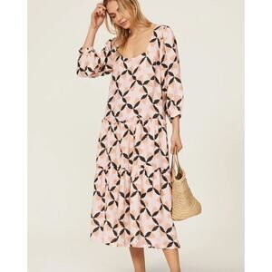 The Odells Dress Womens X Small Pink White Geo Print Lyla Motif Midi Puff Sleeve